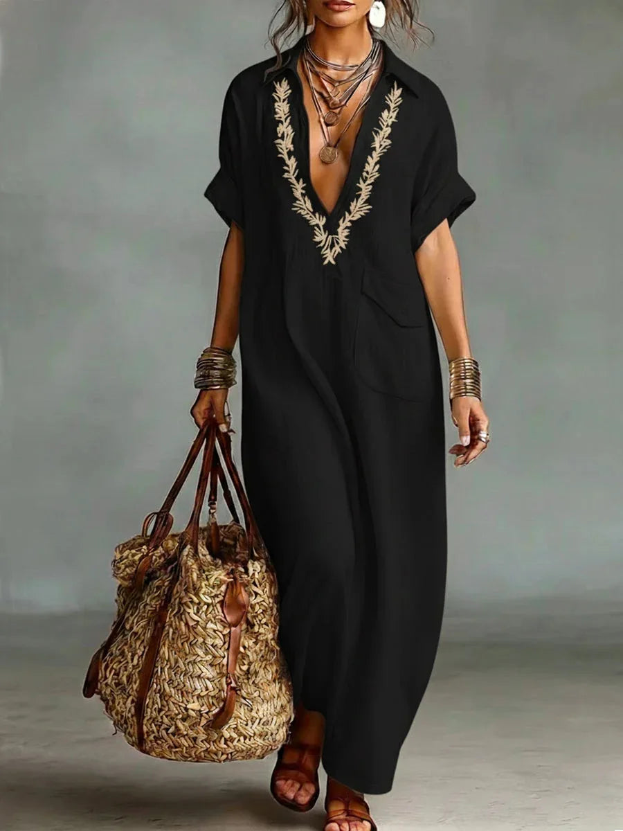 Robe kaftan femme brodée à col V et coupe ample
