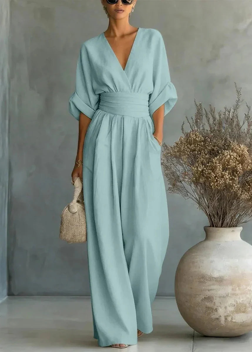 Combinaison Femme Fluide Col V Taille Marquée Élégante
