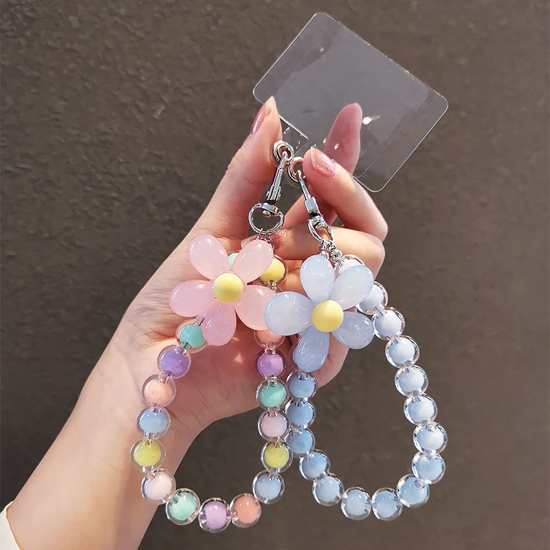 Dragonne de téléphone faite main pour femme, avec perles colorées et fleur décorative – le cadeau parfait