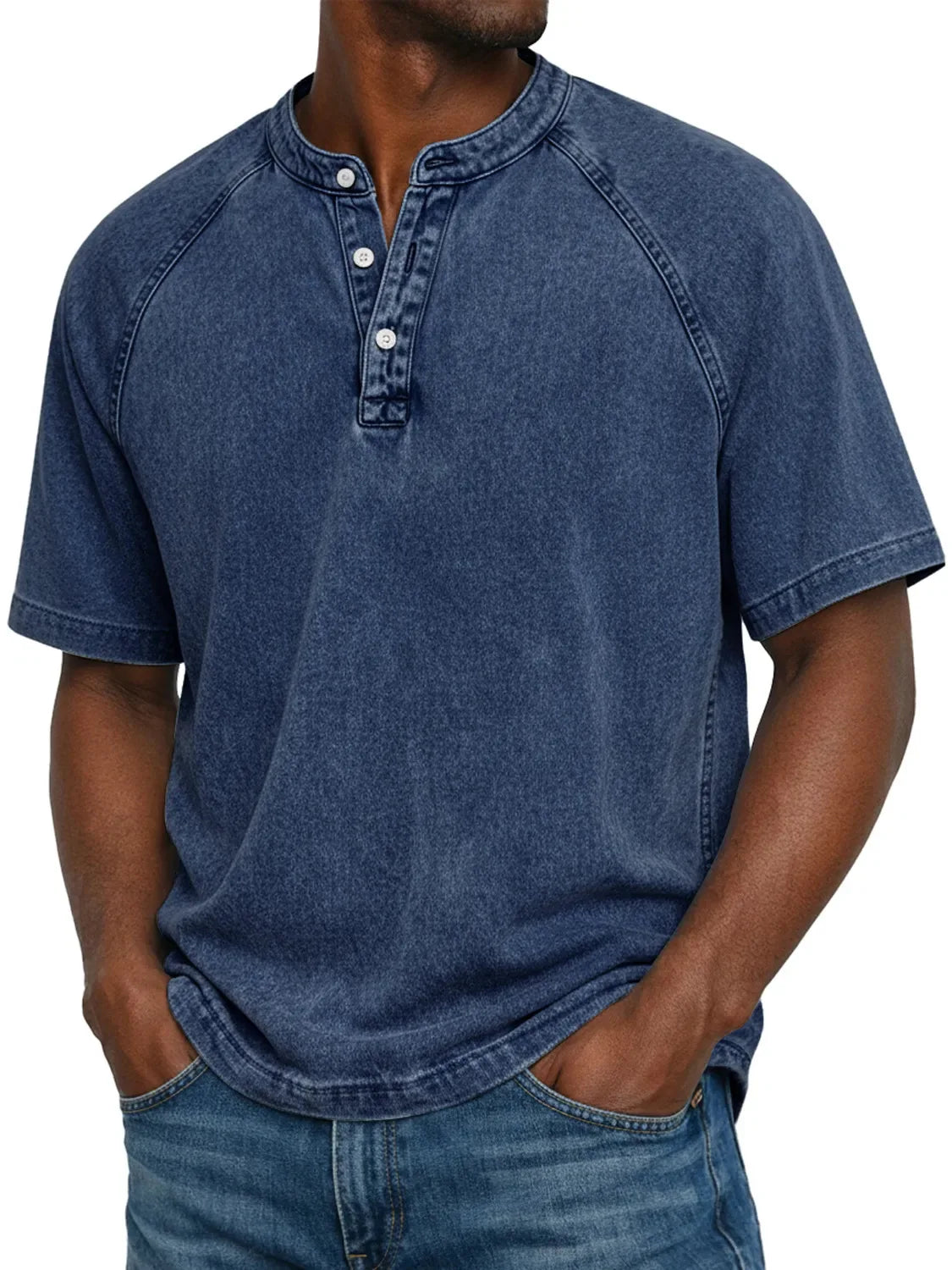 T-Shirt Homme Col Henley Effet Délavé Vintage Manches Courtes