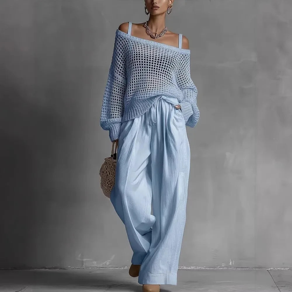 Ensemble femme deux pièces avec pull ajouré et pantalon large