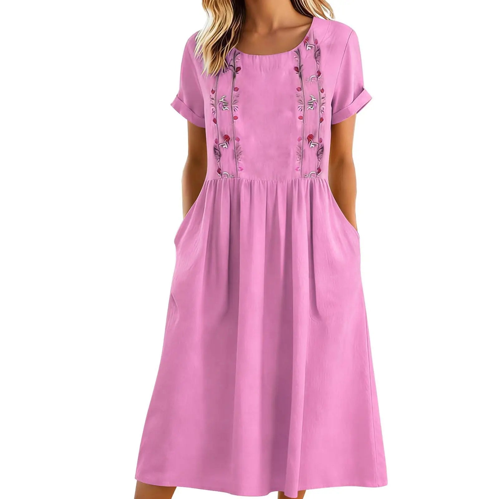 Robe midi femme brodée à poches et coupe A-line