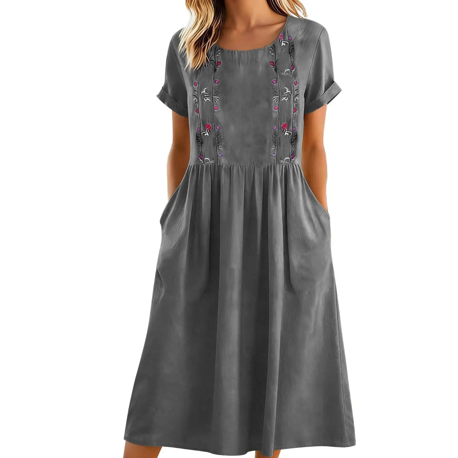 Robe midi femme brodée à poches et coupe A-line