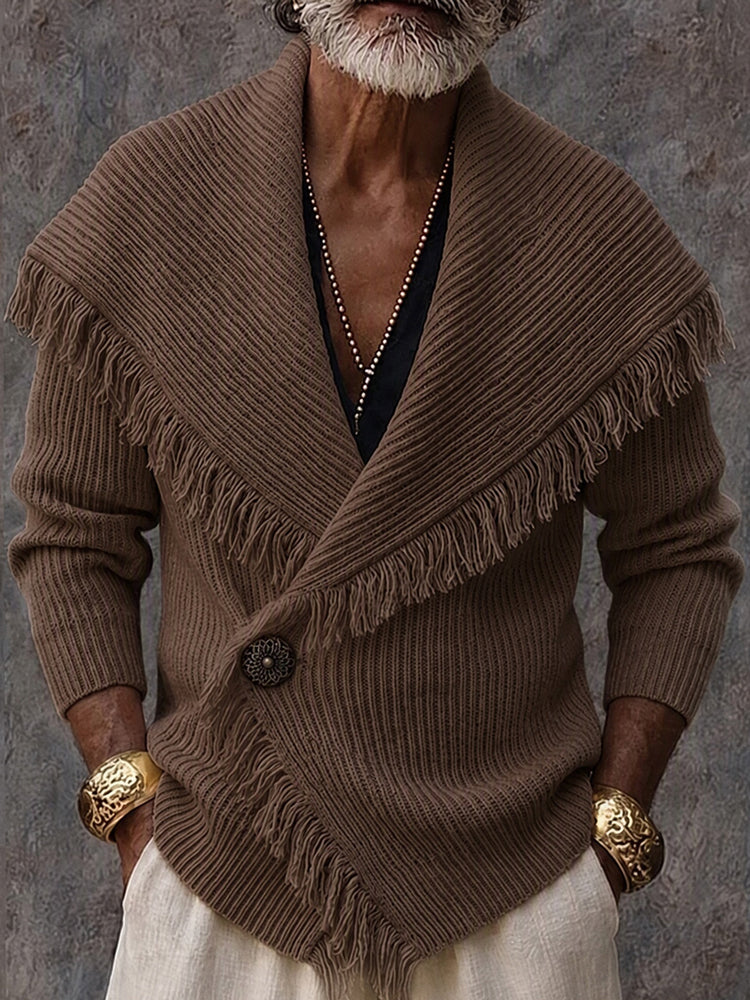 Cardigan homme tricoté à col châle frangé
