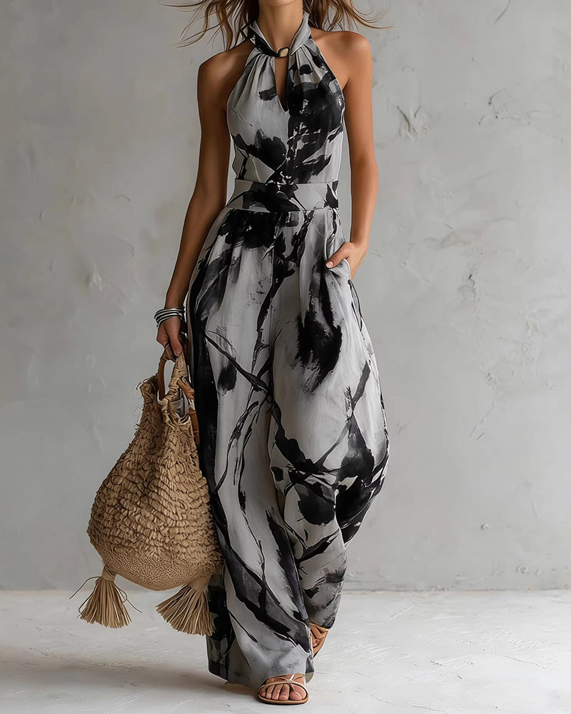 Combinaison femme col halter à imprimé aquarelle et jambes larges