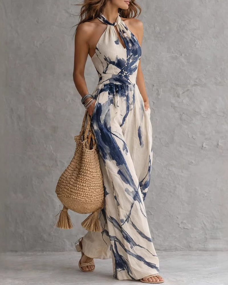 Combinaison femme col halter à imprimé aquarelle et jambes larges