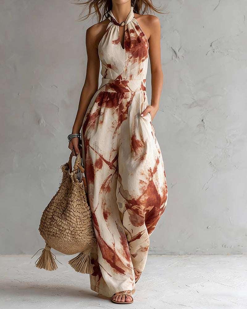 Combinaison femme col halter à imprimé aquarelle et jambes larges