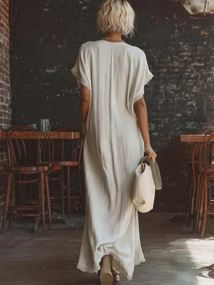 Robe longue femme fluide à col V avec finitions dentelle