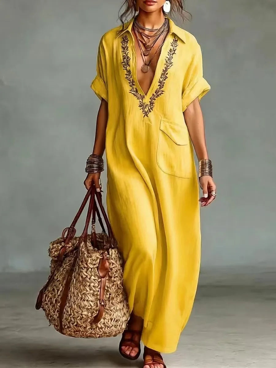Robe kaftan femme brodée à col V et coupe ample