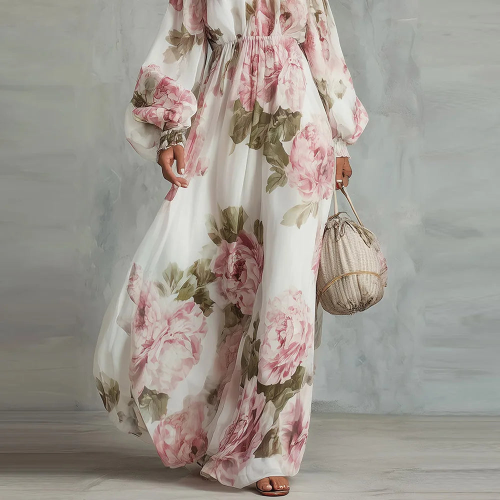 Robe maxi femme épaules dénudées à imprimé floral