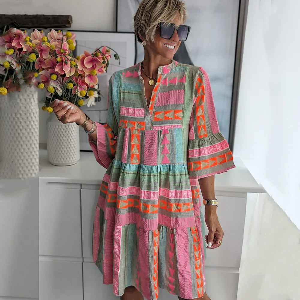 Robe Courte Femme Imprimée Bohème Manches Volantes pour Style Chic Printemps