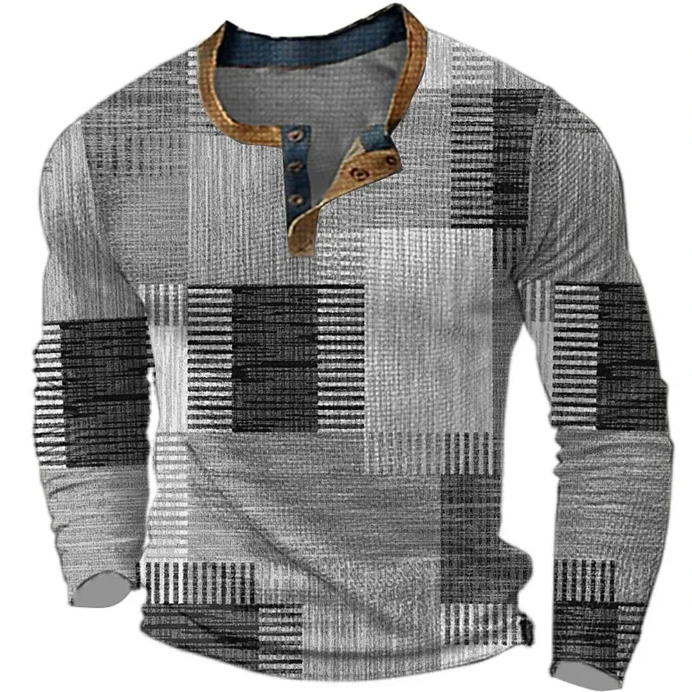 T-Shirt Homme Col Henley Patchwork Géométrique Manches Longues