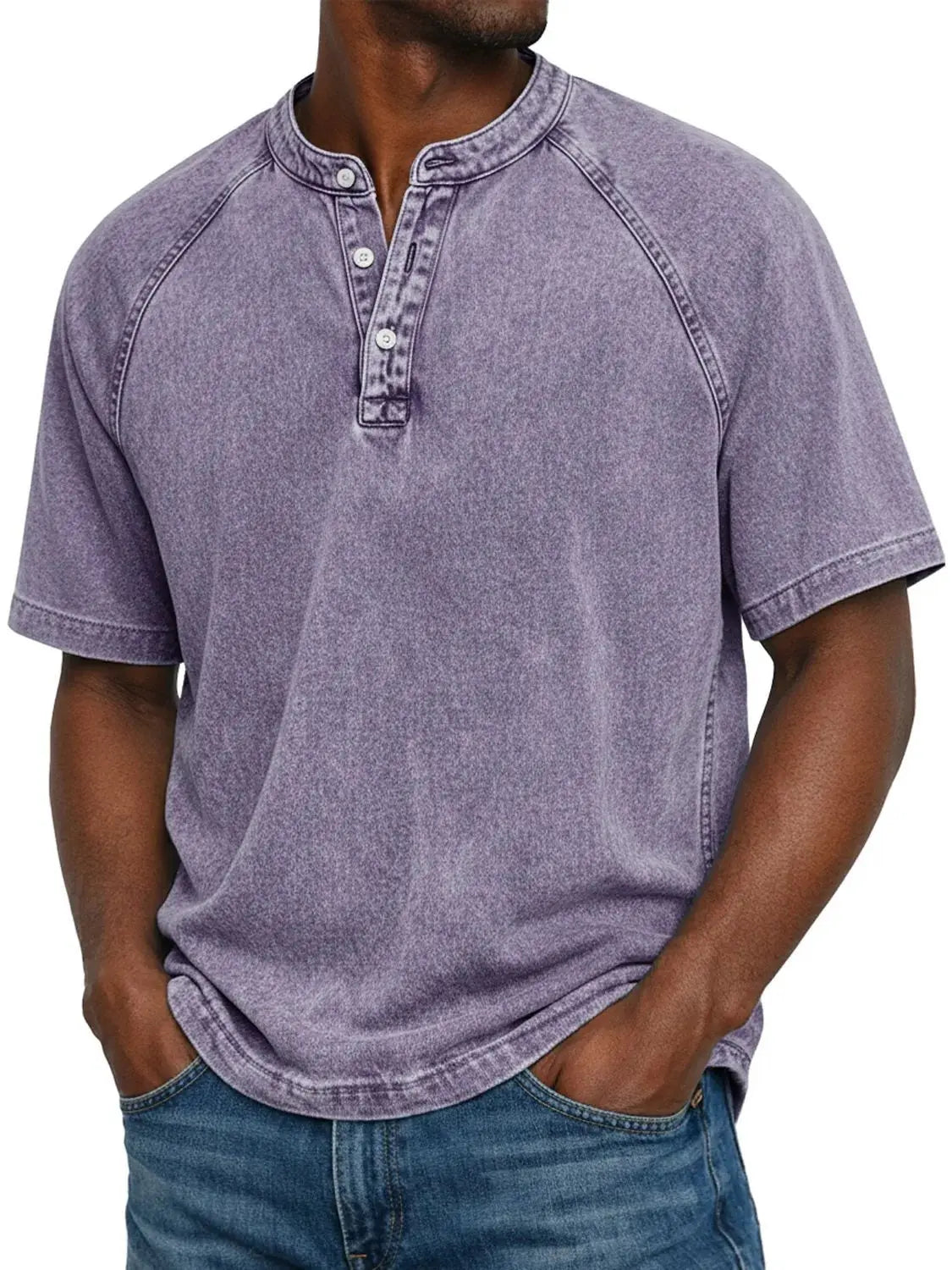 T-Shirt Homme Col Henley Effet Délavé Vintage Manches Courtes