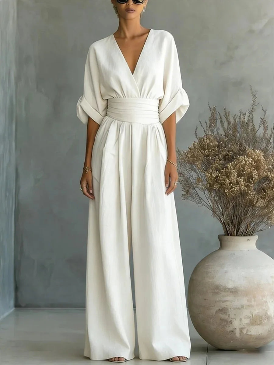 Combinaison Femme Fluide Col V Taille Marquée Élégante