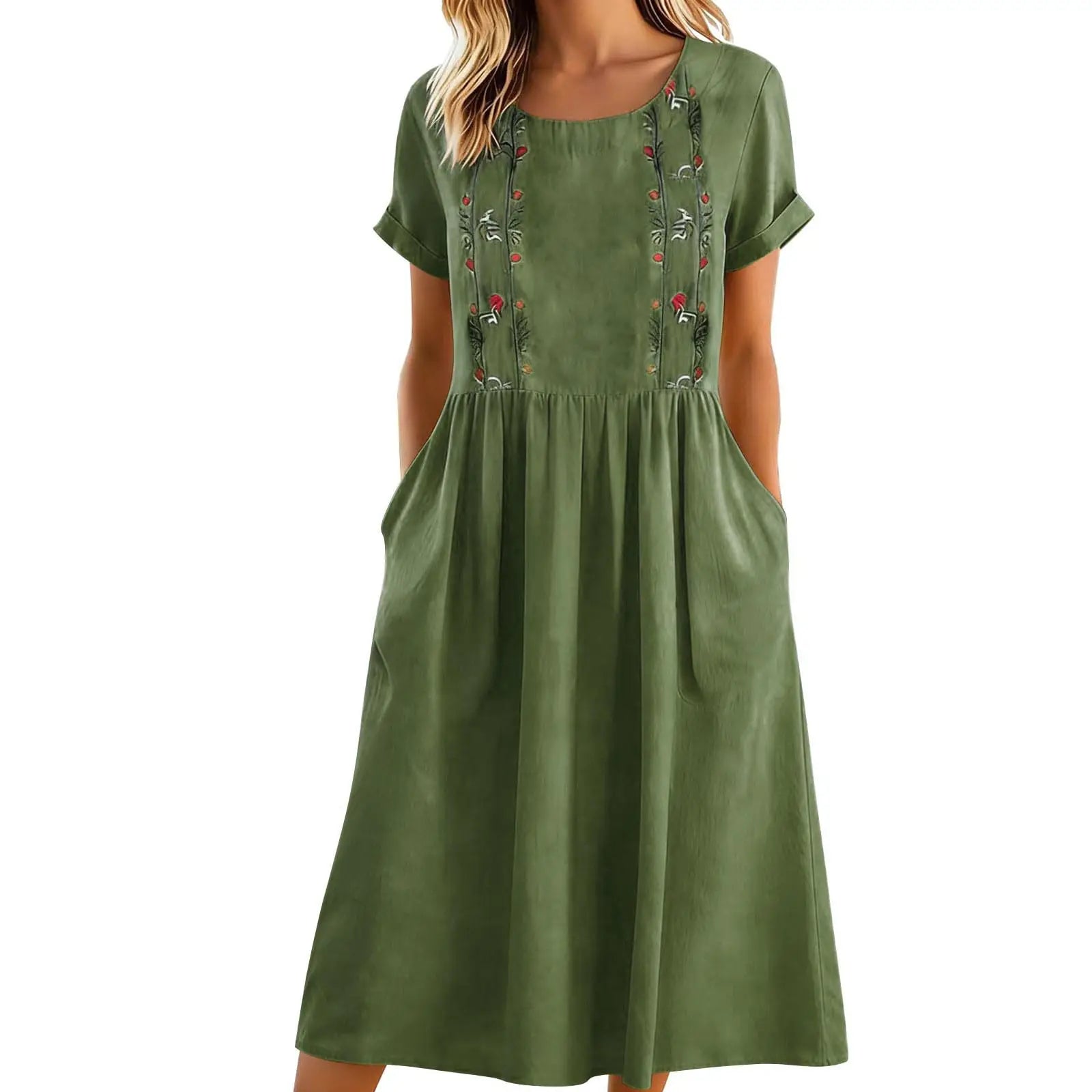 Robe midi femme brodée à poches et coupe A-line