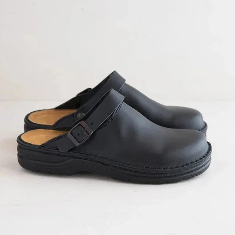 Mules Homme Cuir Vieilli Bout Fermé Bride Boucle Semelle Épaisse