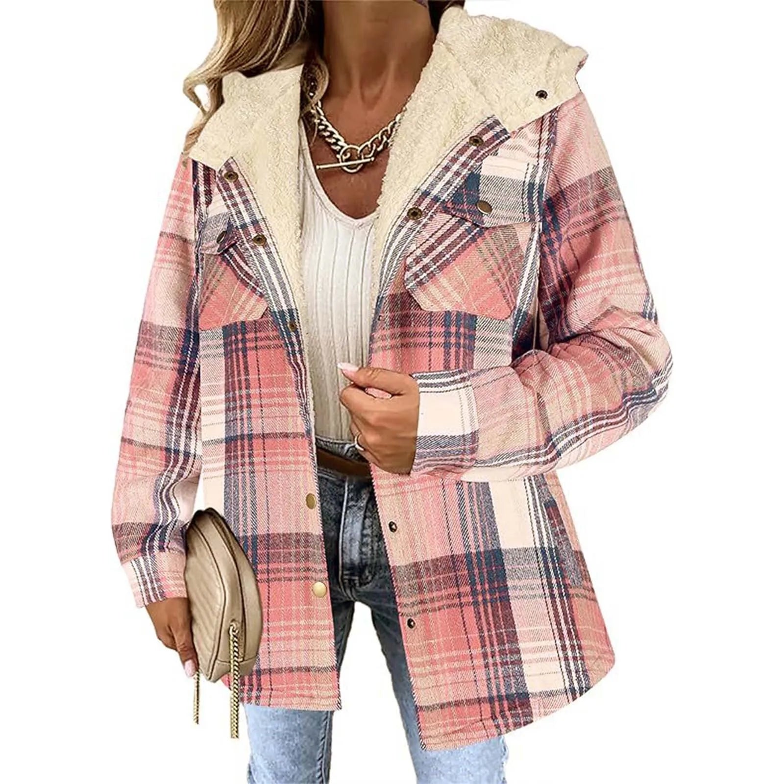Veste femme à carreaux doublée polaire – manteau chaud à capuche hiver