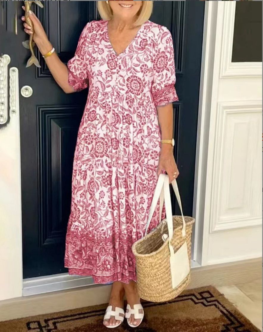 Robe Femme Florale Fluide Col V Manches Courtes pour Style Élégant et Confort Estival