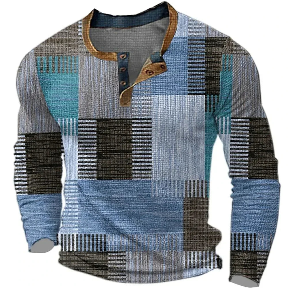 T-Shirt Homme Col Henley Patchwork Géométrique Manches Longues