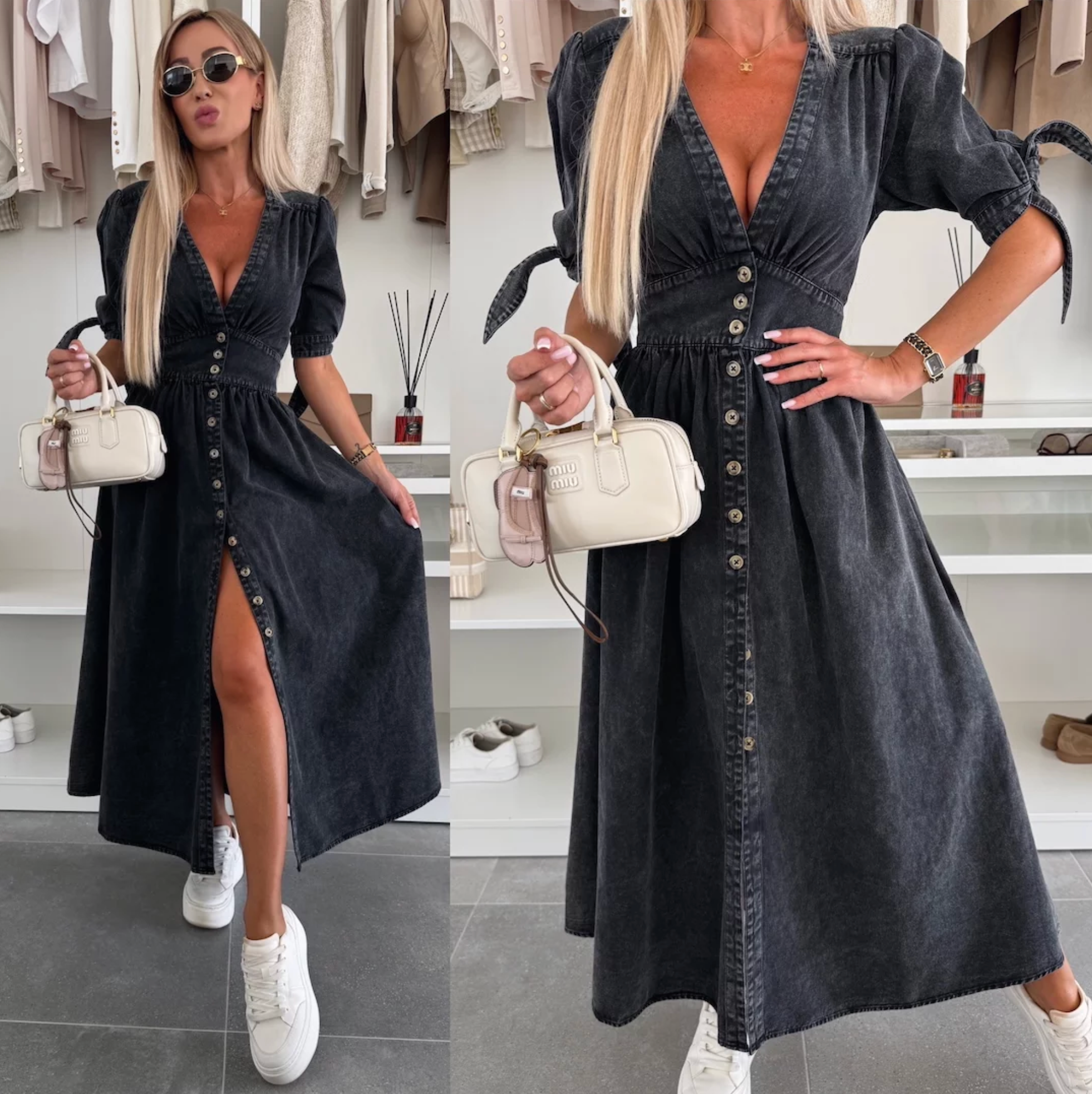 Robe Midi Femme en Jean Boutonnée Col V pour Style Élégant et Féminin