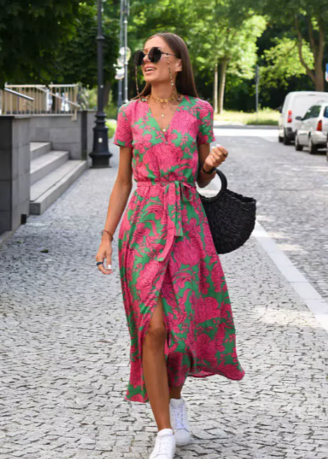 Robe Femme Été Florale Coupe Portefeuille Fluide Élégante
