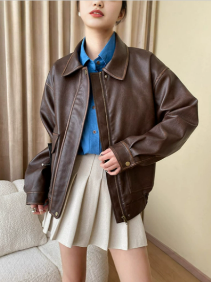 Veste effet cuir femme style vintage – coupe droite décontractée mi-saison