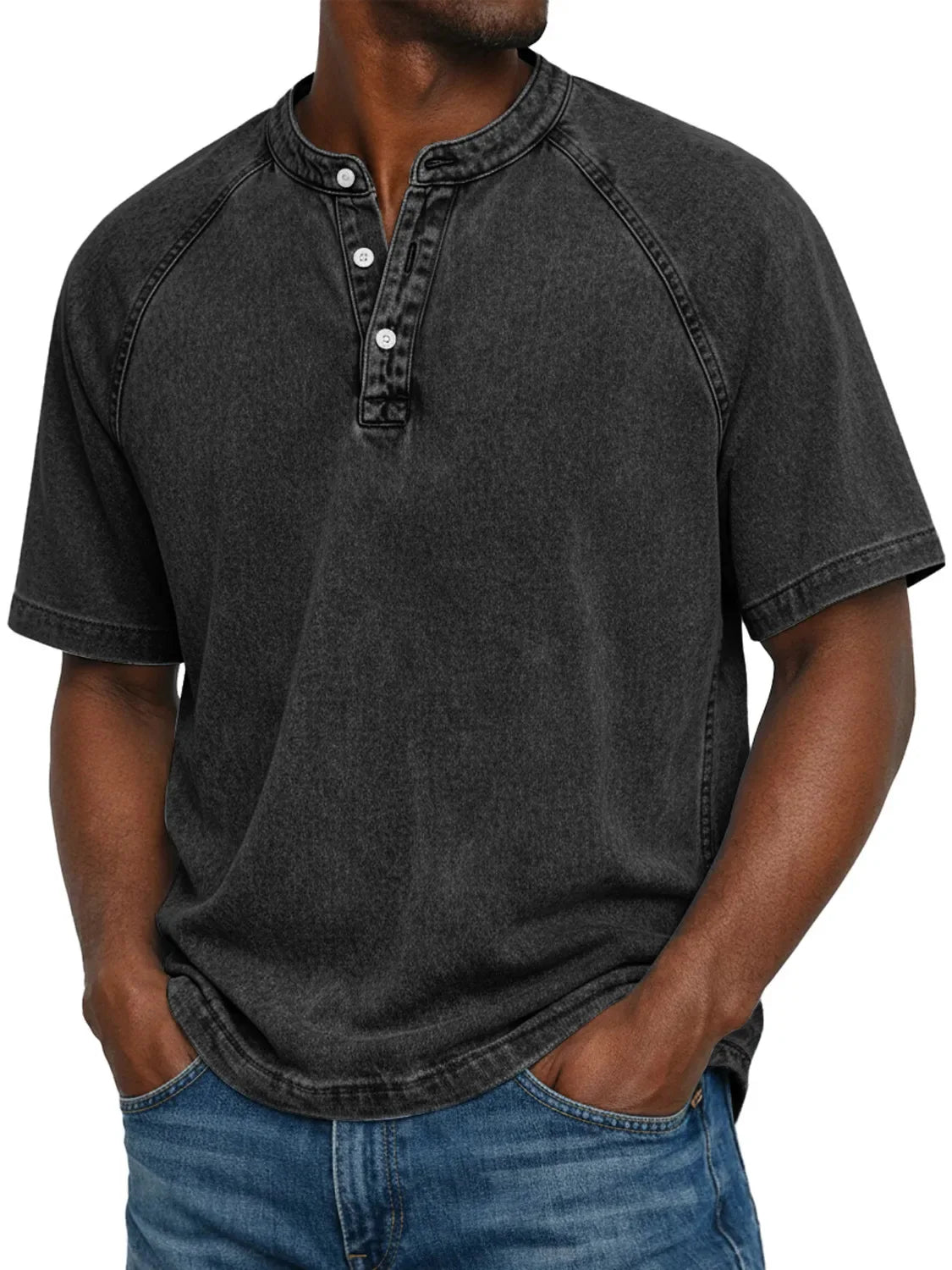 T-Shirt Homme Col Henley Effet Délavé Vintage Manches Courtes