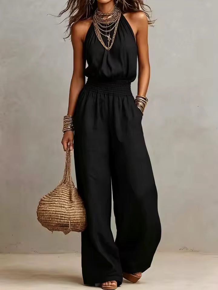 Combinaison femme halter fluide à jambes larges avec taille élastique