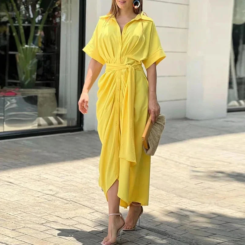 Robe femme midi imprimée ceinturée col chemise manches courtes élégante chic