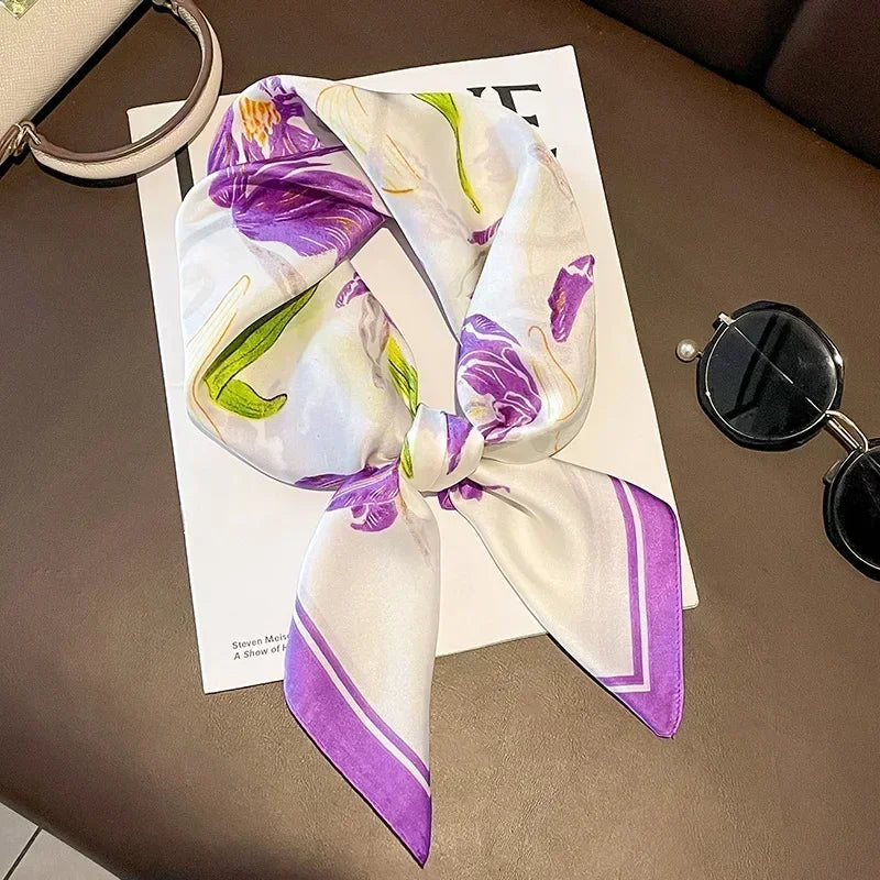 Foulard carré femme en satin imprimé pour cheveux et sac