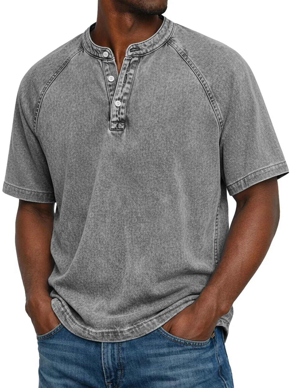 T-Shirt Homme Col Henley Effet Délavé Vintage Manches Courtes