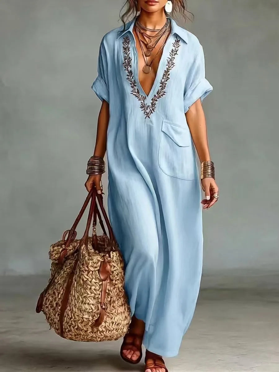 Robe kaftan femme brodée à col V et coupe ample