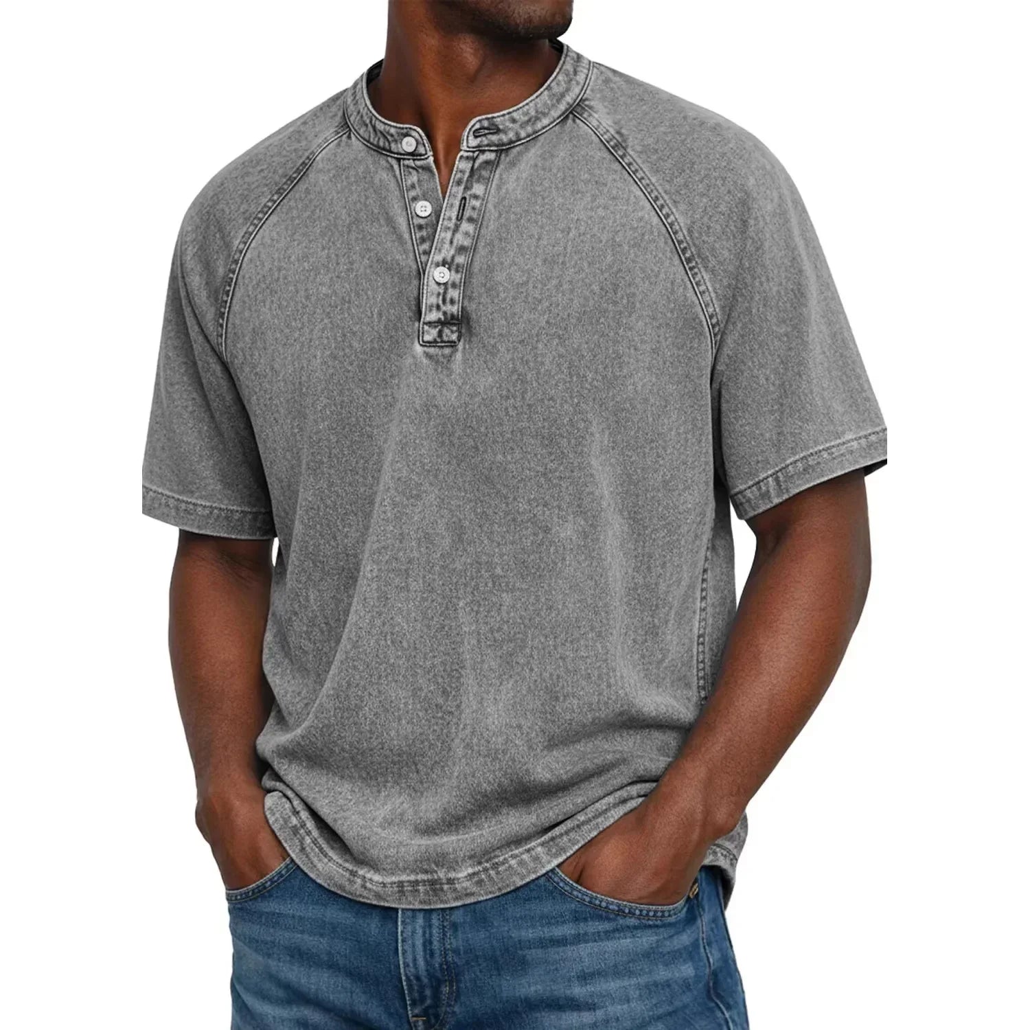 T-Shirt Homme Col Henley Effet Délavé Vintage Manches Courtes