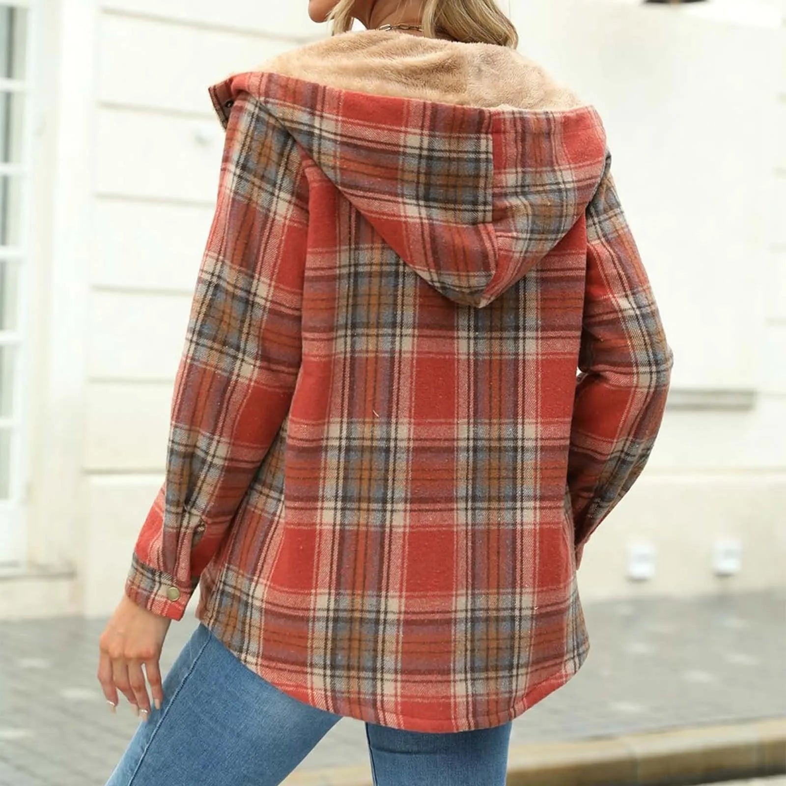 Veste femme à carreaux doublée polaire – manteau chaud à capuche hiver