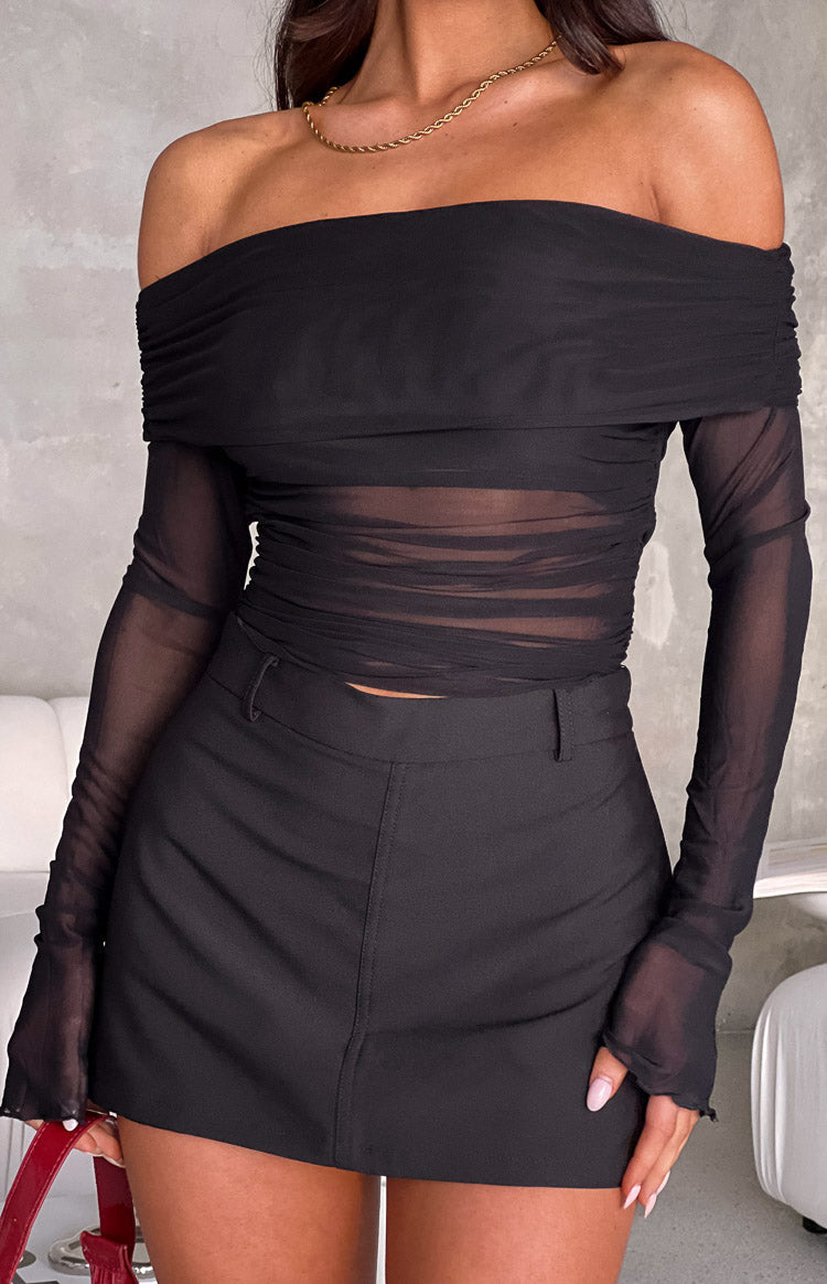 Top Femme Off-Shoulder en Mesh Manches Longues Coupe Ajustée Tenue de Soirée
