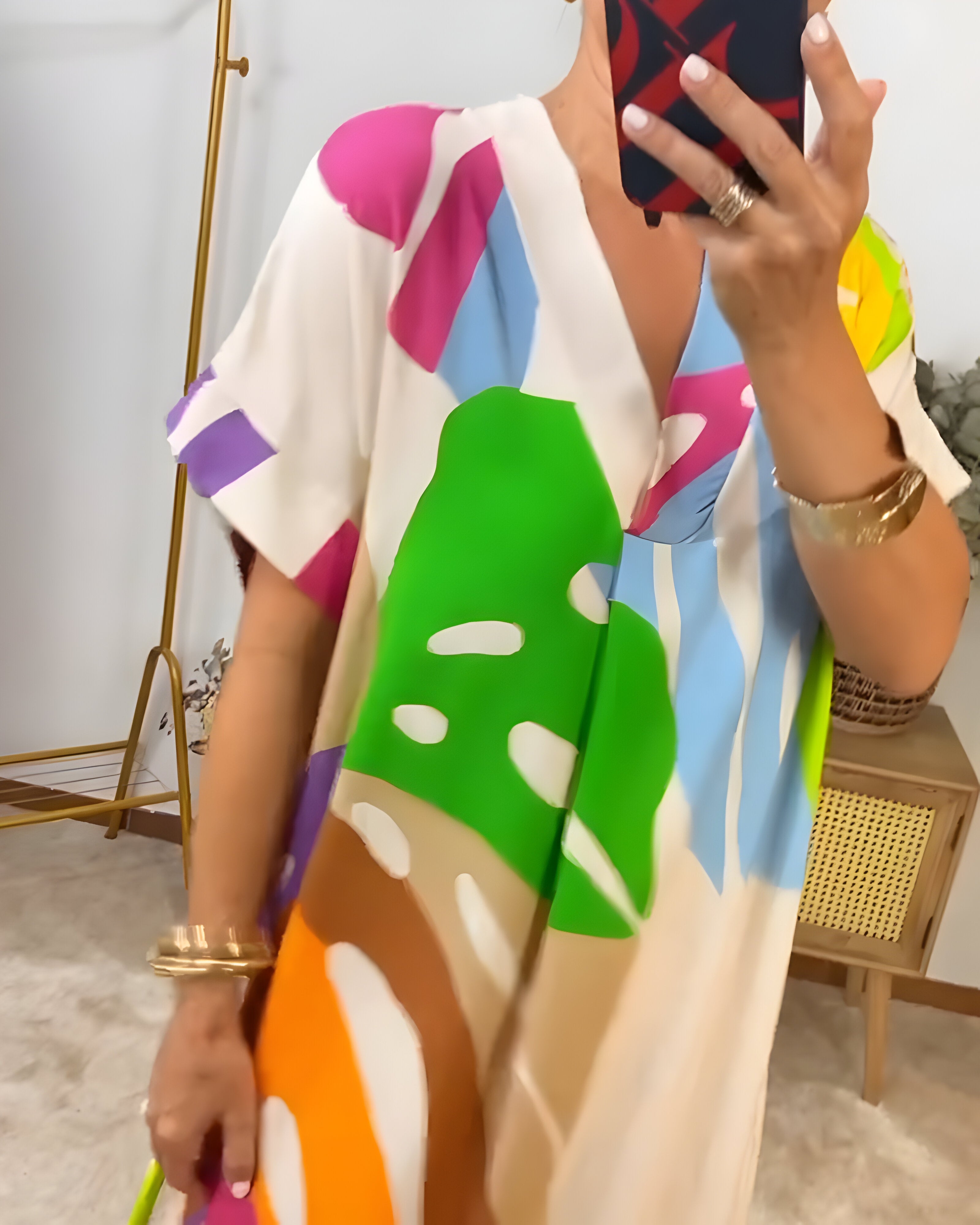 Robe Femme Imprimé Feuillage Coupe Ample Col V Style Décontracté