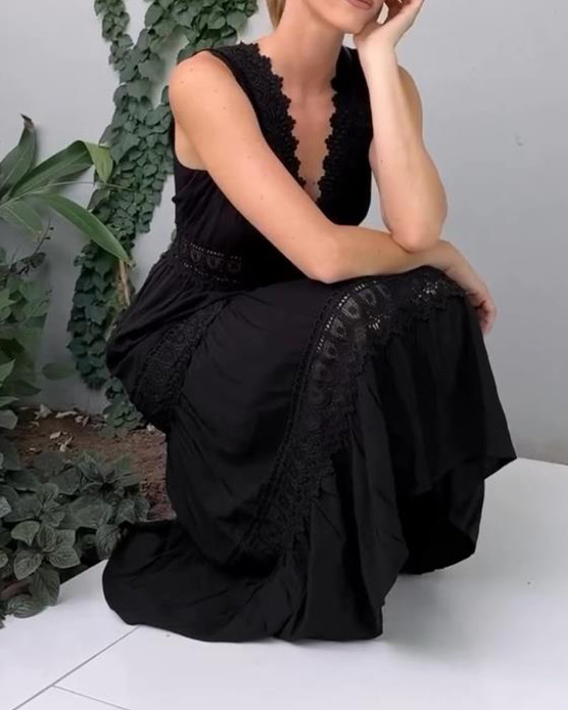 Robe Midi Femme Dentelle Col V Coupe Fluide Sans Manches Style Estival