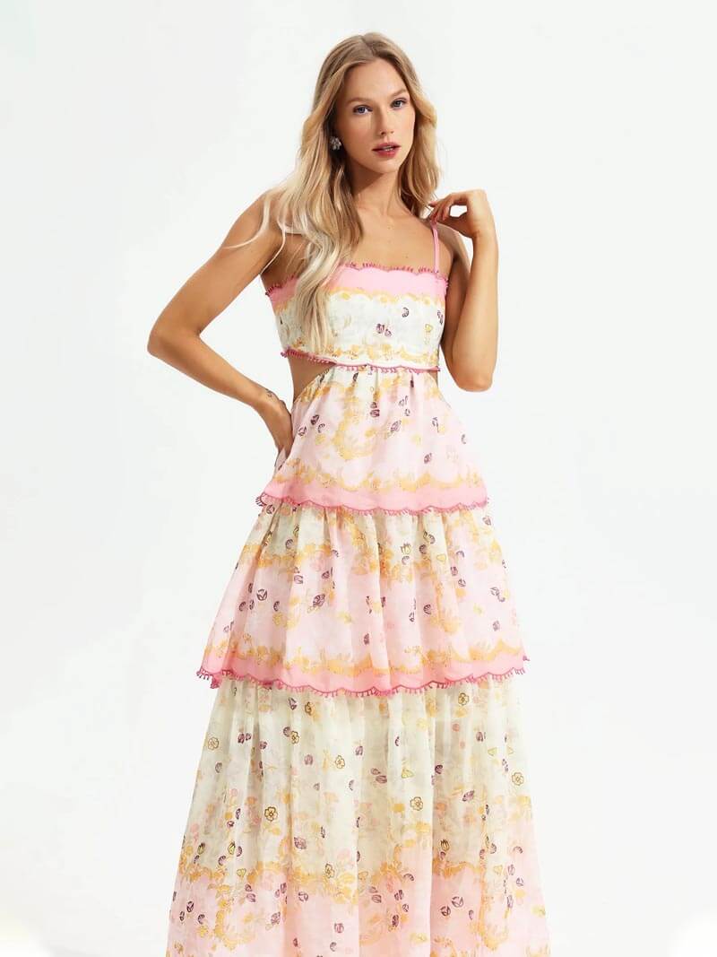 Robe Longue Bohème à Volants Imprimés