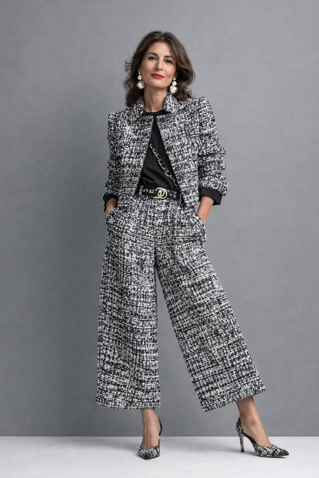 Ensemble femme en tweed avec veste courte et pantalon large