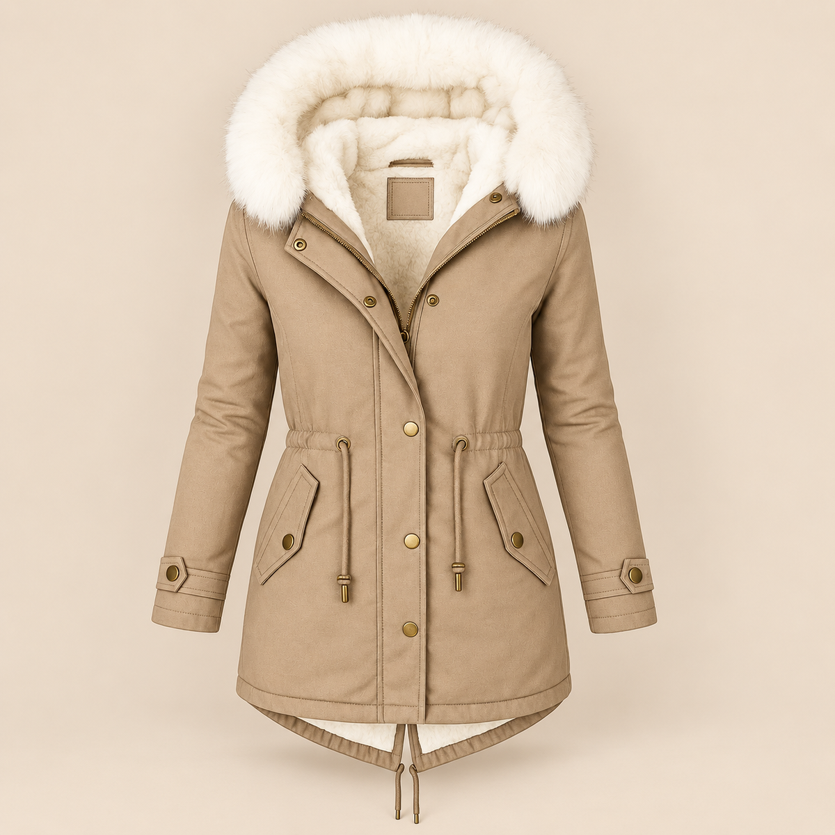 Parka longue femme à capuche fourrée et taille ajustable