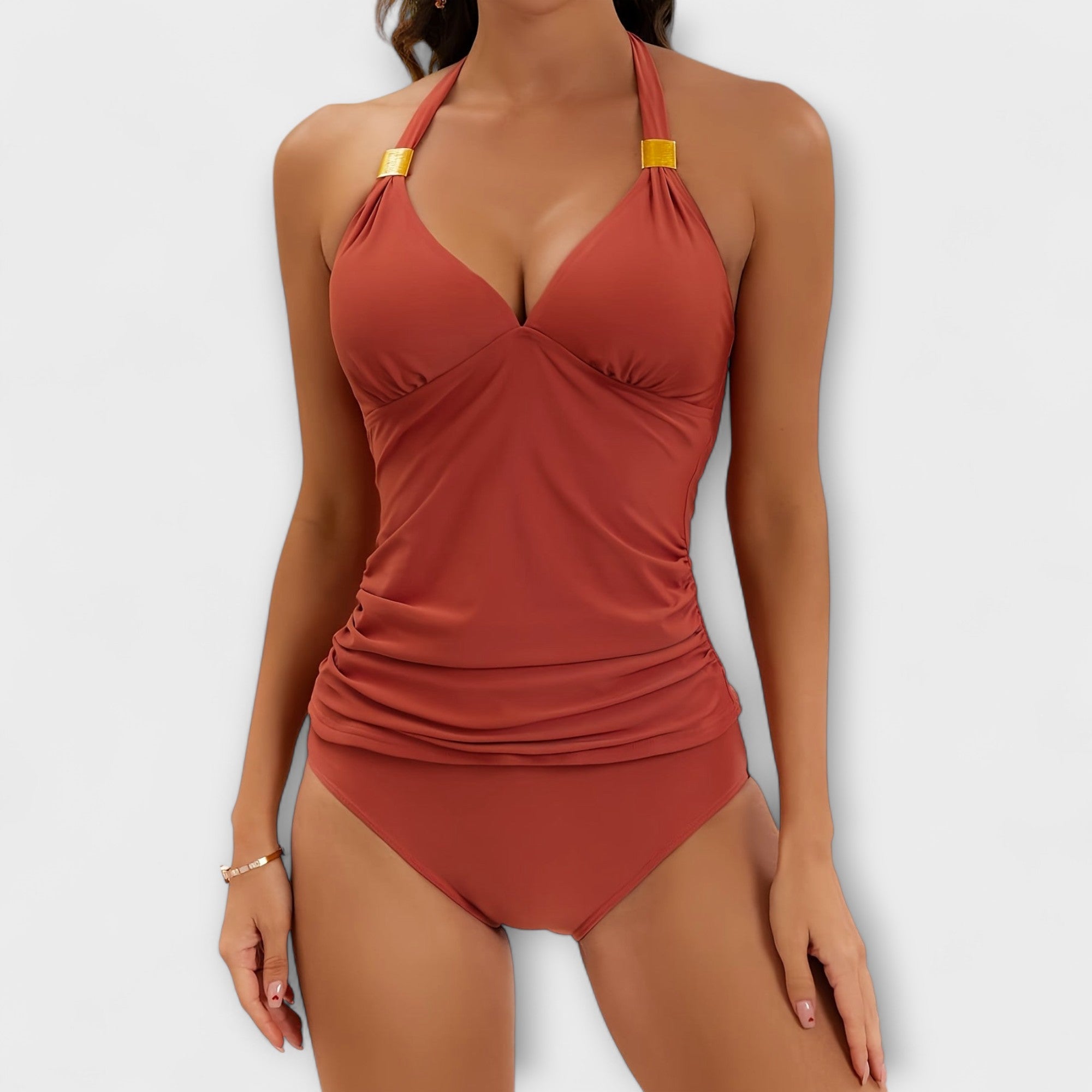 Maillot de Bain Une Pièce Femme Halter Col V Froncé Détails Dorés