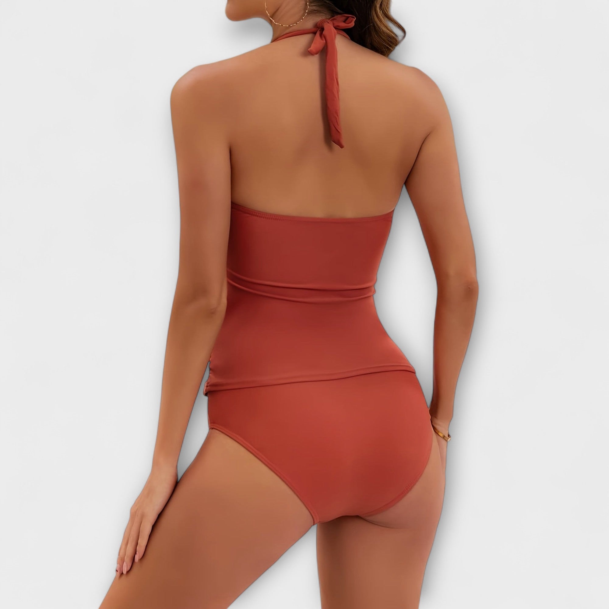 Maillot de Bain Une Pièce Femme Halter Col V Froncé Détails Dorés
