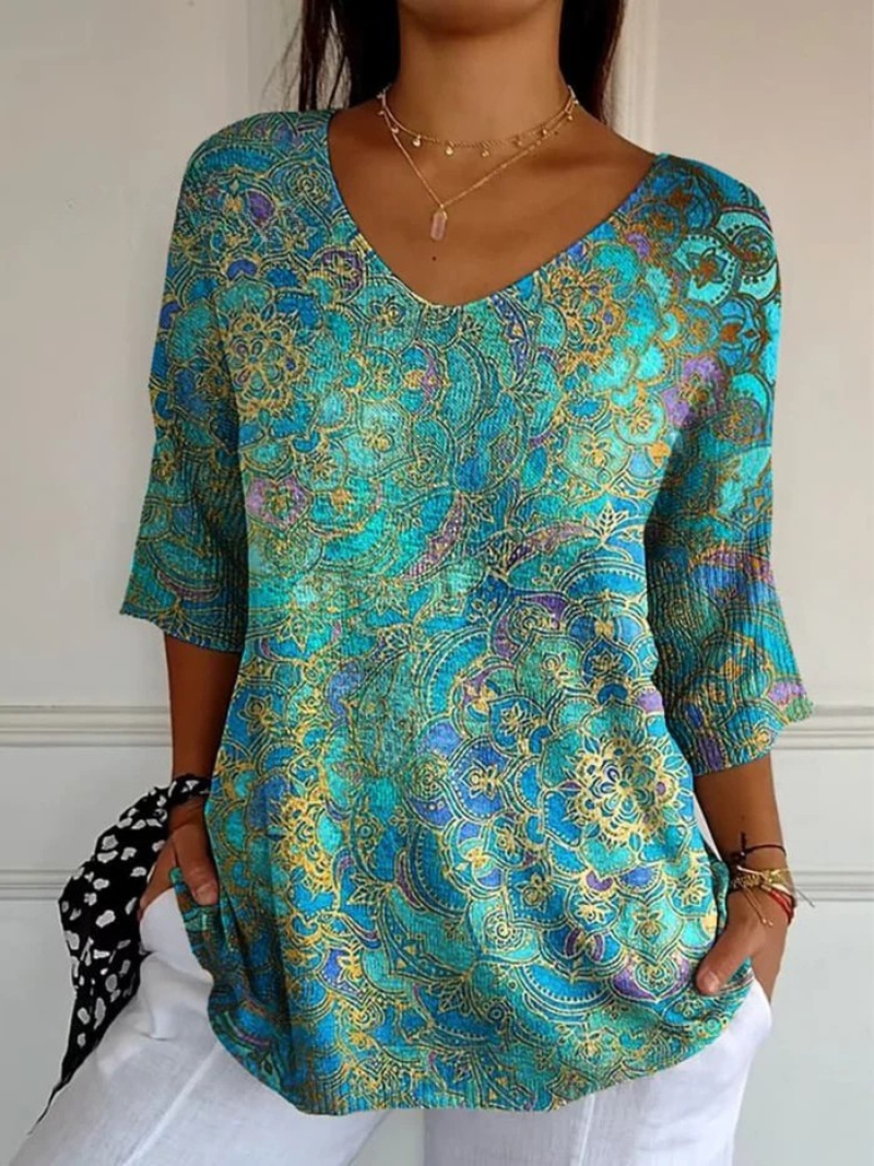 Blouse Femme Imprimée Col V Coupe Fluide Bohème Élégante