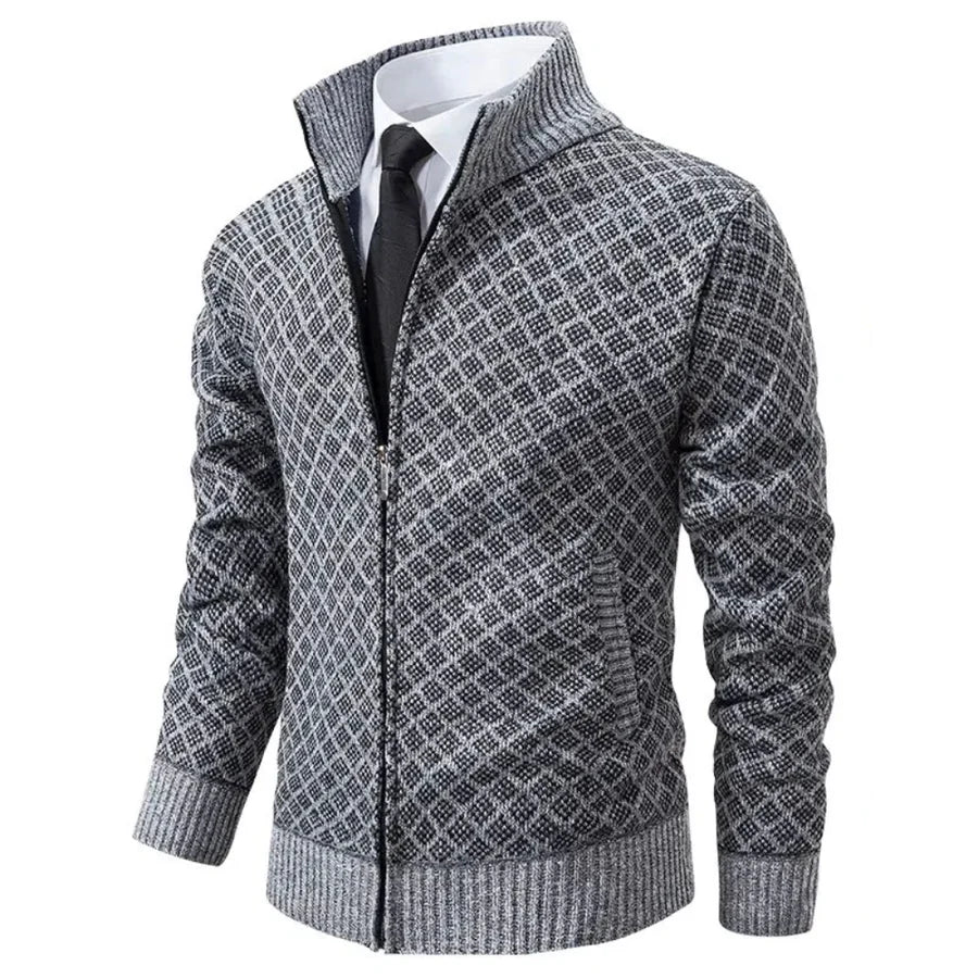 Cardigan Homme Zippé Col Montant Tricot Jacquard Losangé