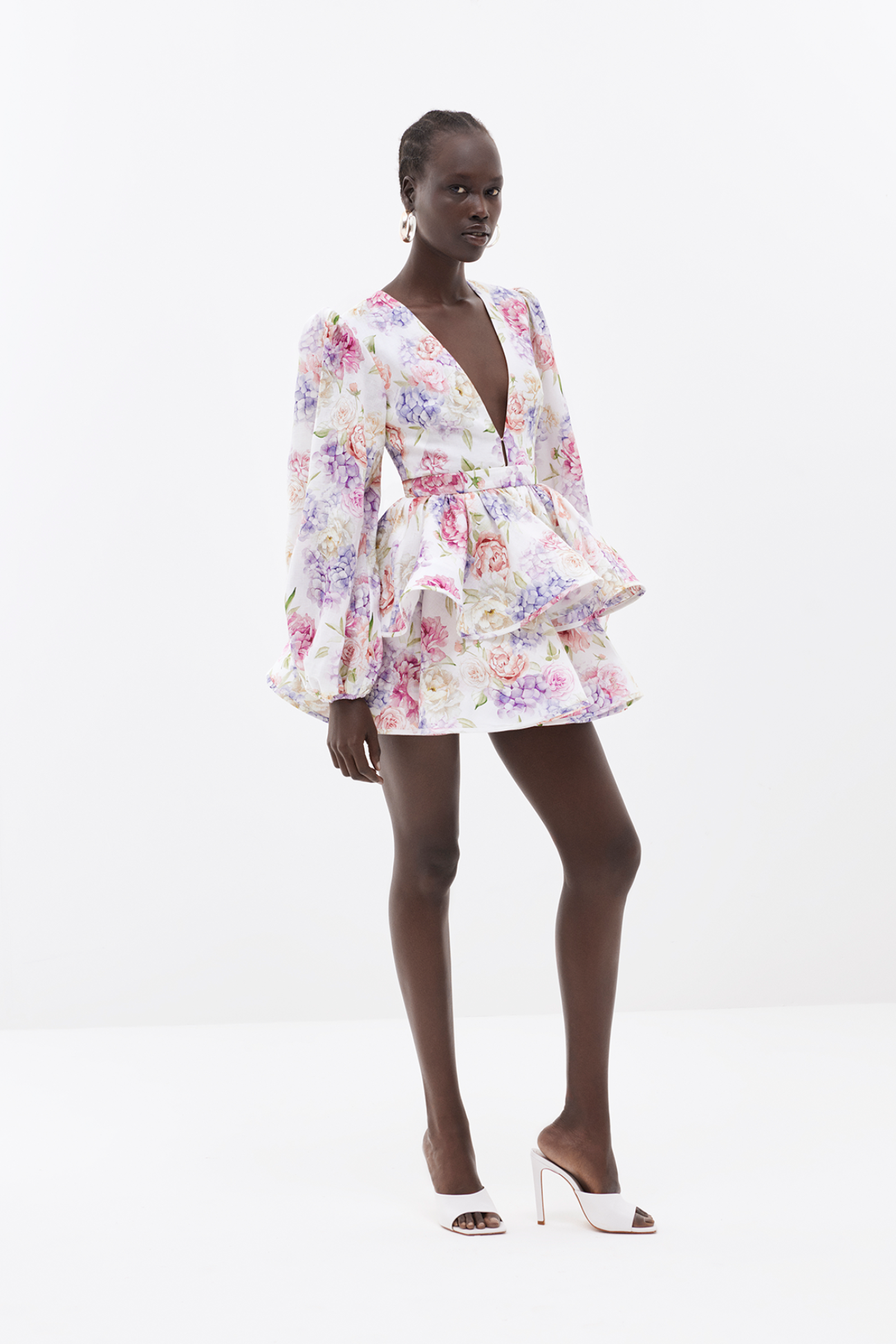 Robe Femme Évasée Imprimé Floral Manches Volumineuses Coupe Structurée