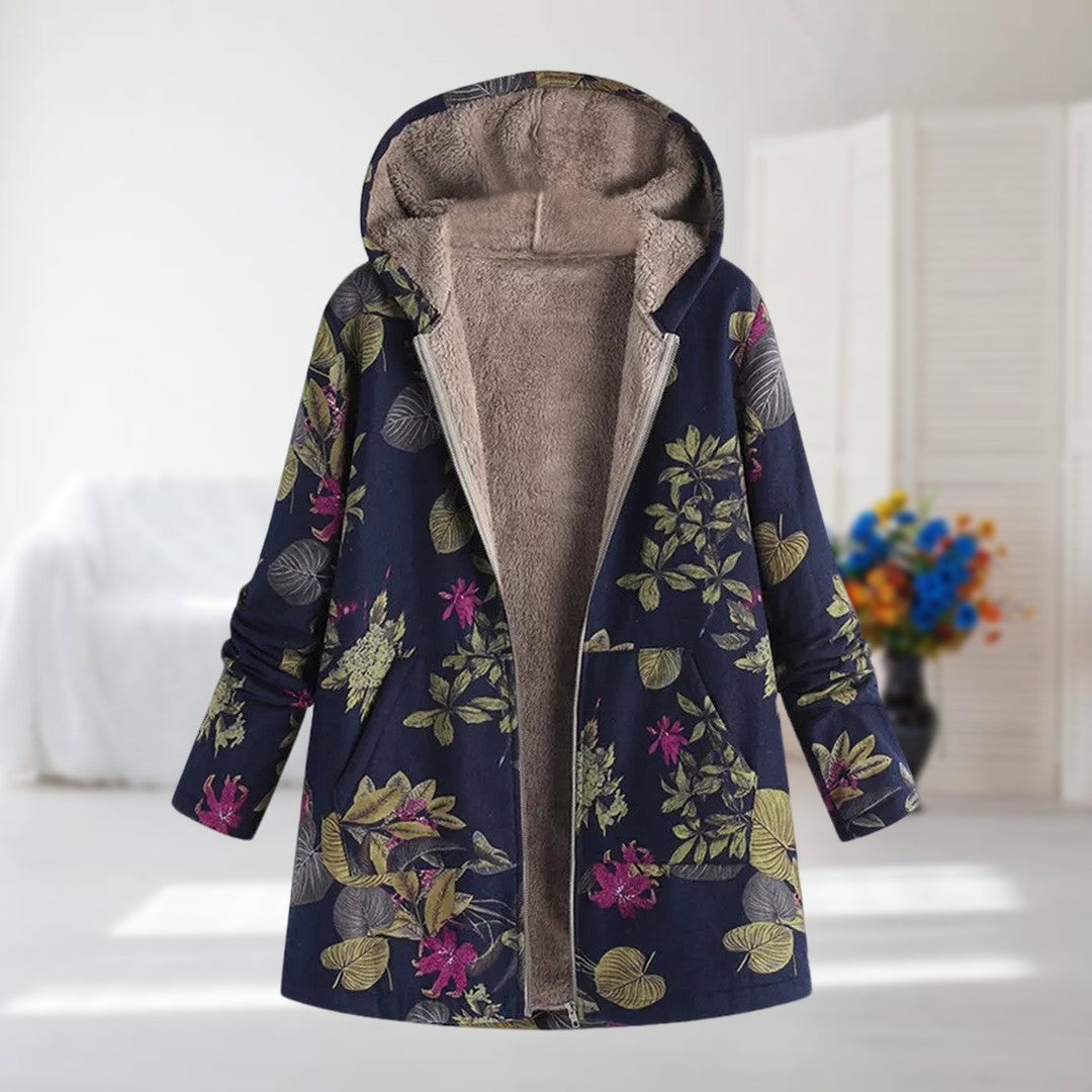 Veste femme doublée polaire à capuche imprimé floral – manteau chaud hivernal