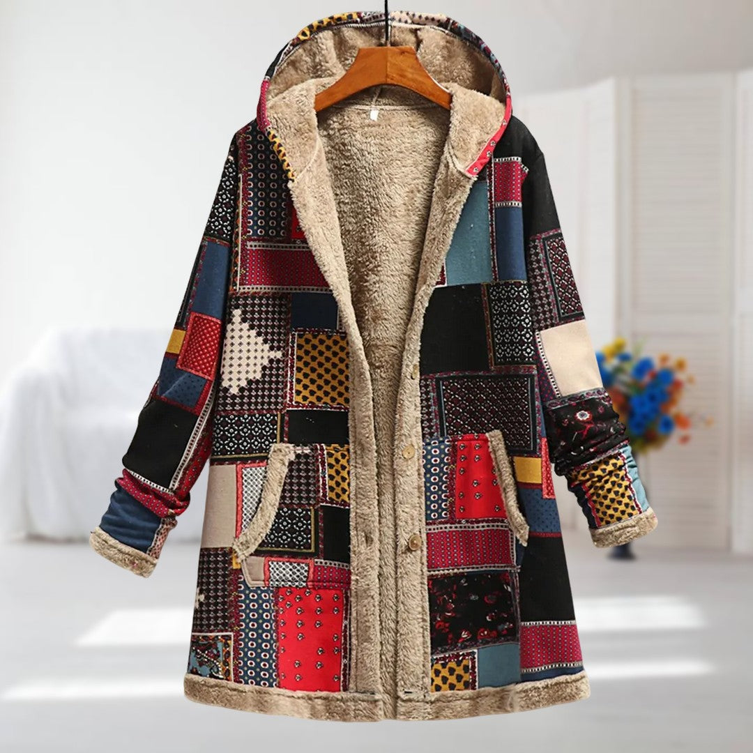 Veste femme doublée polaire à capuche imprimé floral – manteau chaud hivernal