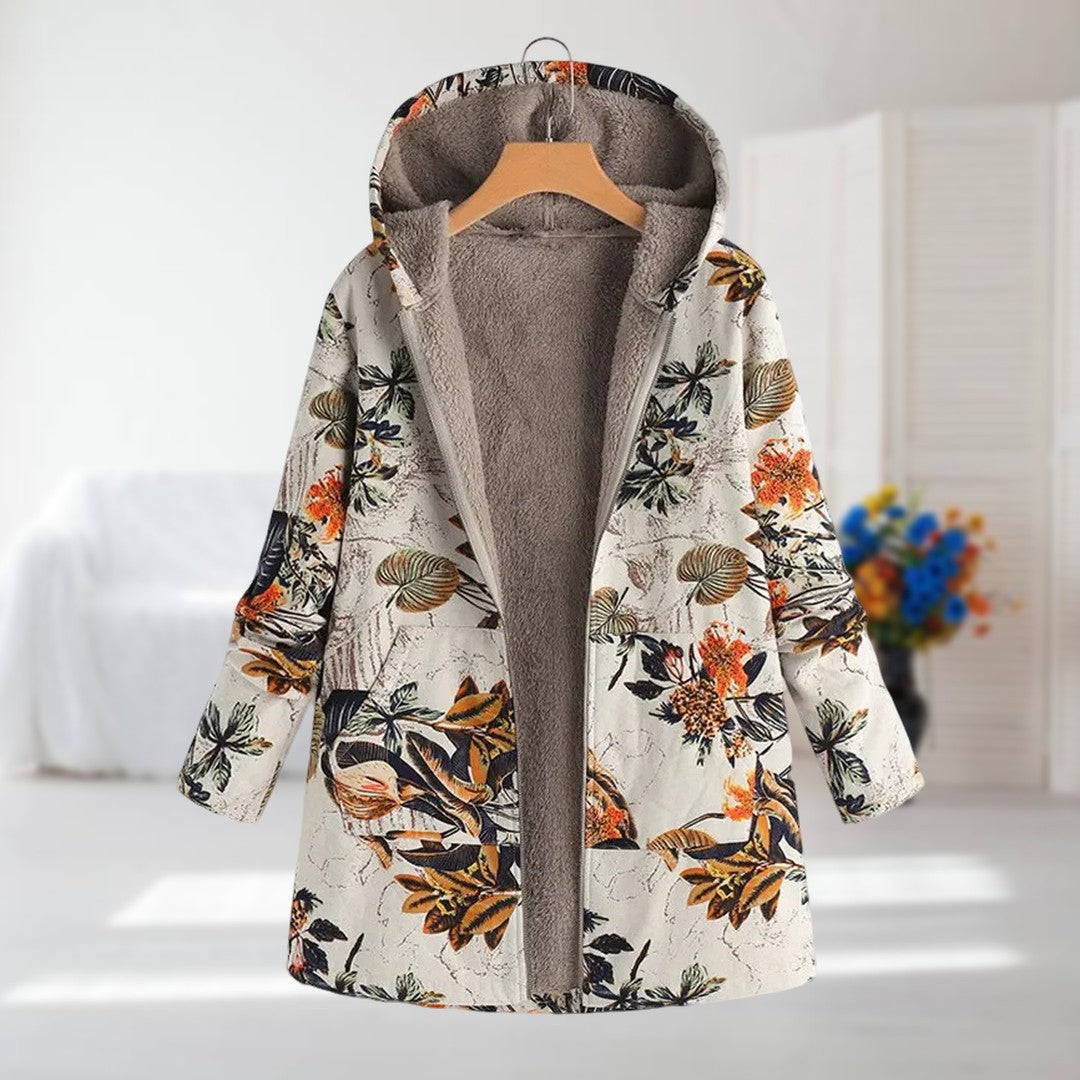 Veste femme doublée polaire à capuche imprimé floral – manteau chaud hivernal