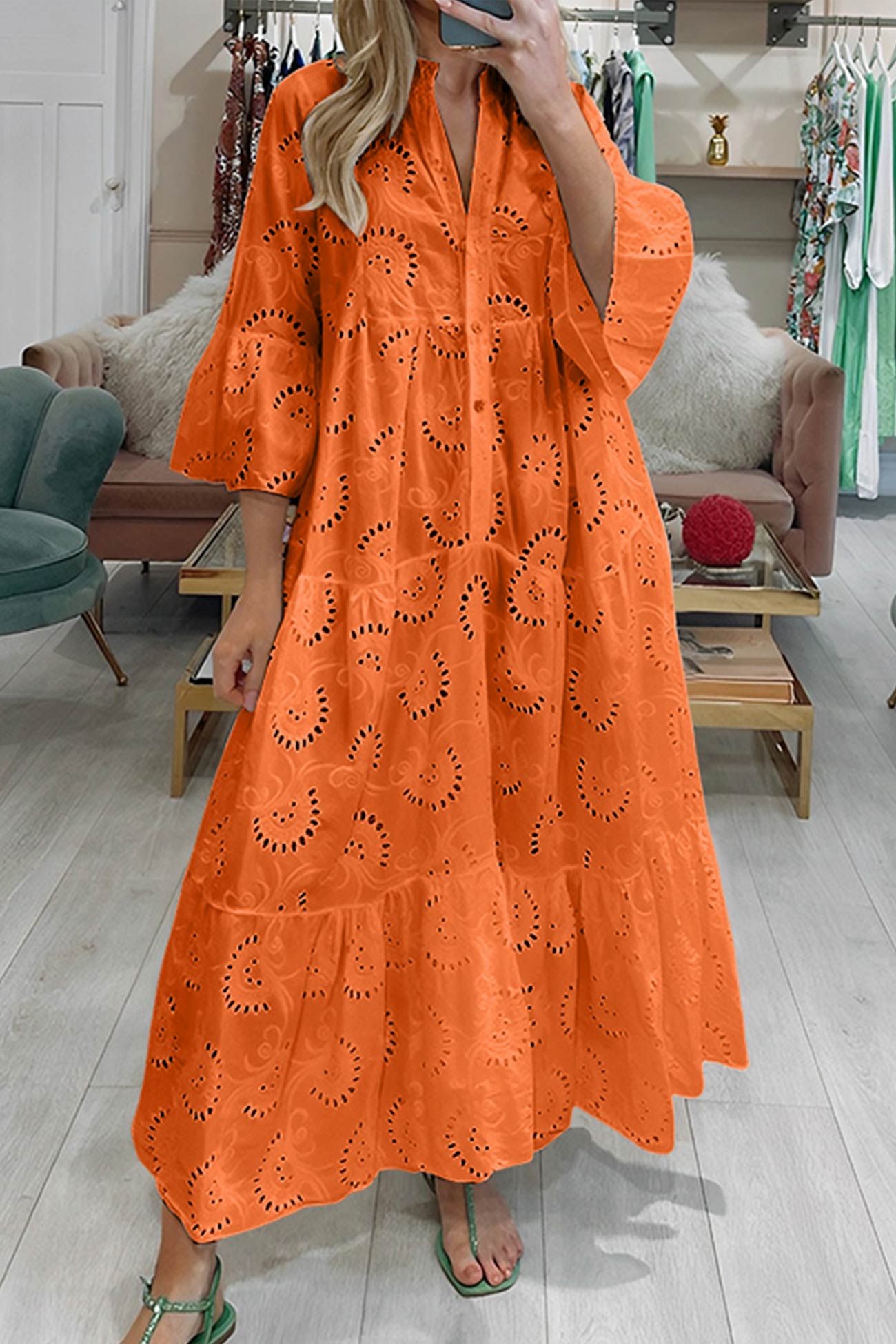 Robe longue femme coton brodé col V manches évasées fluide été bohème