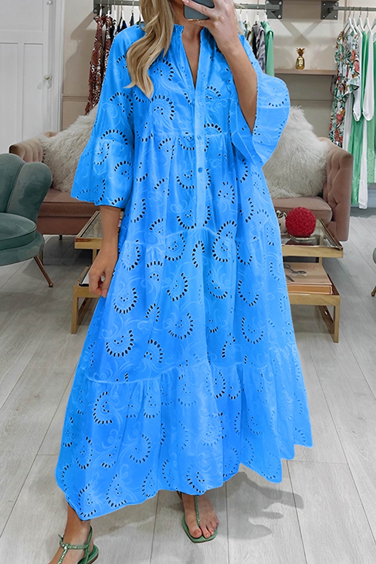 Robe Coton Brodé Femme Coupe Ample Manches Évasées Tissu Respirant Été Quotidien